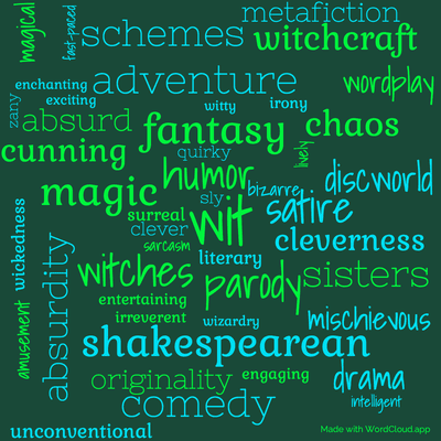 Word cloud of the book Wyrd Sisters by Terry Pratchett with 47 words like wit, humor and fantasy.
