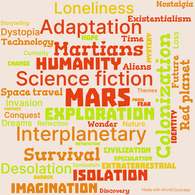 Word cloud of the book The Martian Chronicles with 46 words like Mars, Exploration and Colonization.