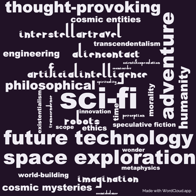 Word cloud of the book Cosmic Engineers with 32 words like sci-fi, space exploration and future technology.