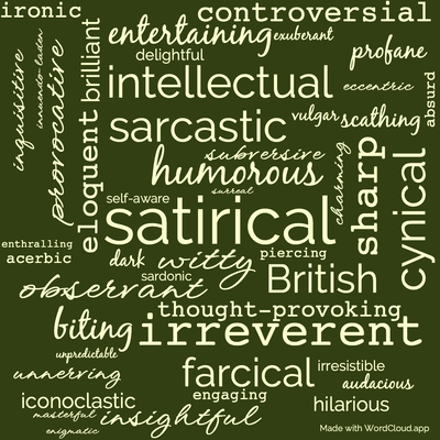 Word cloud of the book The Hippopotamus with 47 words like satirical, humorous and witty.