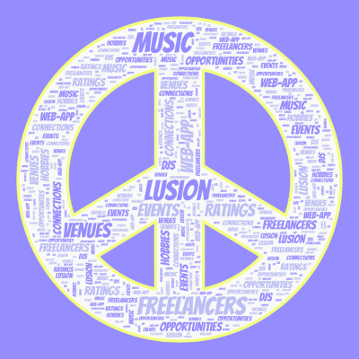 Word cloud in a Peace shape with 11 words like Lusion, Music and Freelancers.