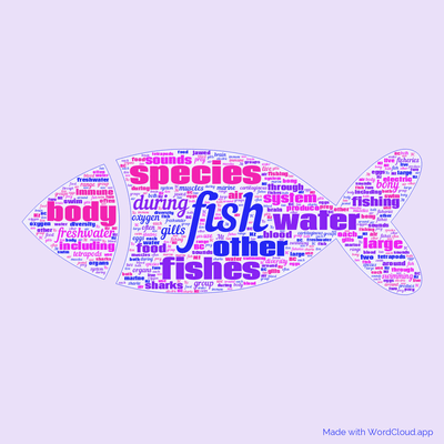 Word cloud with 50 words like fish, species and fishes.