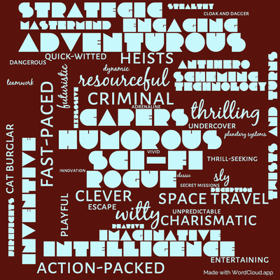 Word cloud of the book The Stainless Steel Rat Gets Draft with 50 words like adventurous, humorous and sci-fi.