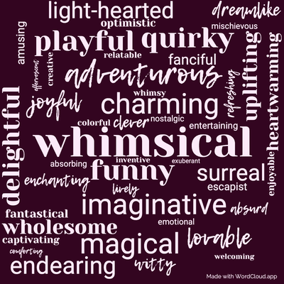 Word cloud of the book Moominsummer Madness by Tove Jansson with 45 words like whimsical, funny and charming.