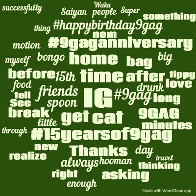 Word cloud with 50 words like IG, time and cat.