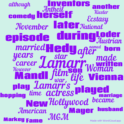 Word cloud with 50 words like Lamarr, Hedy and film.