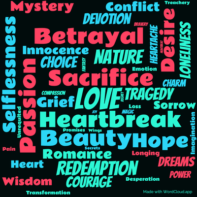 Word cloud of the book The Nightingale and the Rose by Oscar Wilde with 47 words like Love, Sacrifice and Heartbreak.