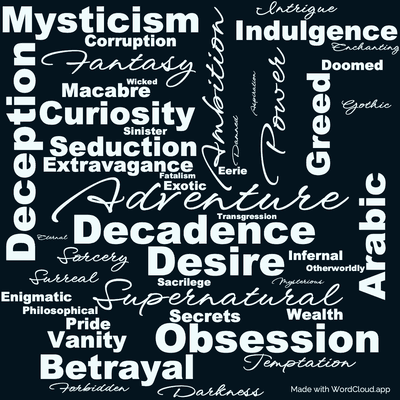 Word cloud of the book The History of Caliph Vathek by William Beckford with 47 words like Adventure, Ambition and Decadence.
