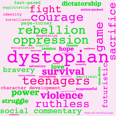 Word cloud of the book The Hunger Games by Suzanne Collins with 45 words like dystopian, survival and teenagers.