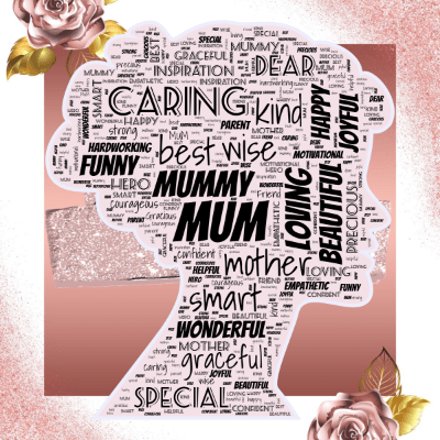 Word cloud in a Woman Face shape with 30 words like MUM, mummy and mother.