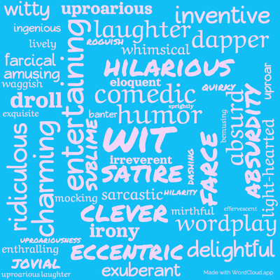 Word cloud of the book The Inimitable Jeeves by P. G. Wodehouse with 50 words like wit, humor and satire.