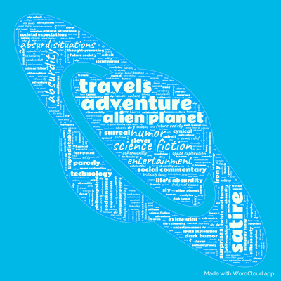 Word cloud of the book A Ticket to Tranai with 49 words like adventure, science fiction and humor.