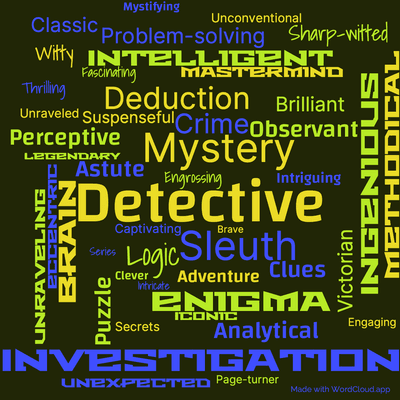 Word cloud of the book The Memoirs of Sherlock Holmes with 47 words like Detective, Mystery and Sleuth.