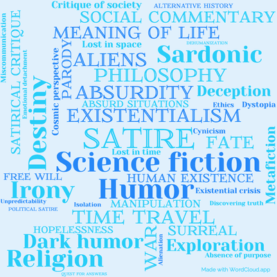 Word cloud of the book The Sirens of Titan with 47 words like Satire, Science fiction and Existentialism.