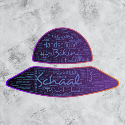 Word cloud in a Hat shape with 28 words like Schaal, Bikini and Handschuhe.
