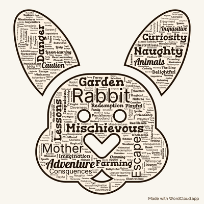 Word cloud of the book The Tale of Peter Rabbit by Beatrix Potter with 47 words like Rabbit, Adventure and Mischievous.