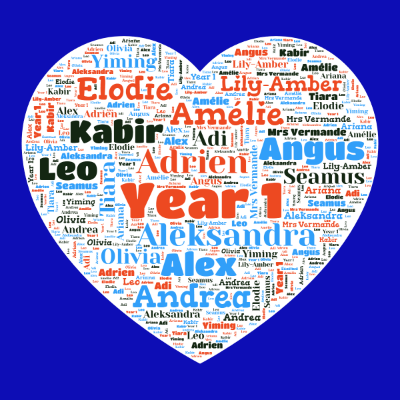 Word cloud in a Heart shape with 18 words like Year 1, Adrien and Aleksandra.