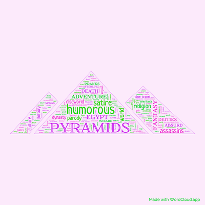 Word cloud of the book Pyramids by Terry Pratchett with 46 words like Pyramids, humorous and fantasy.