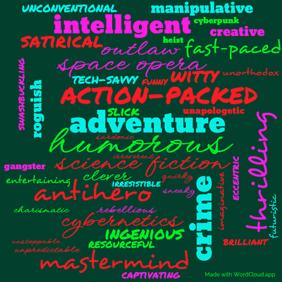 Word cloud of the book The Stainless Steel Rat Sings the Blues with 46 words like humorous, science fiction and adventure.