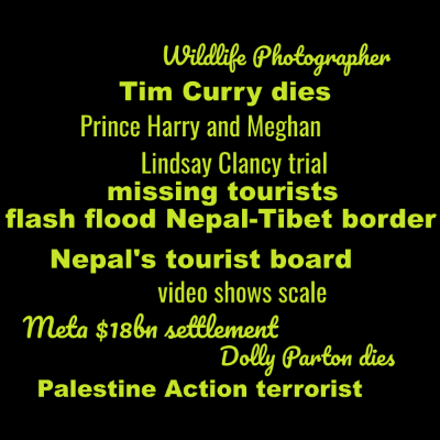 Word cloud with 25 words like flash flood Nepal-Tibet border, missing tourists and Nepal's tourist board.