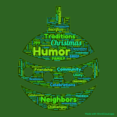 Word cloud of the book Skipping Christmas with 49 words like Humor, Christmas and Neighbors.