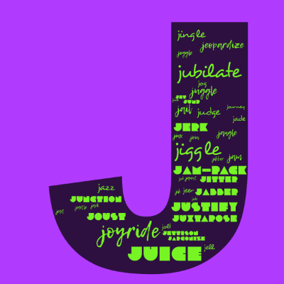 Word cloud in the shape of the letter J with 42 words like jiggle, judge and jog.
