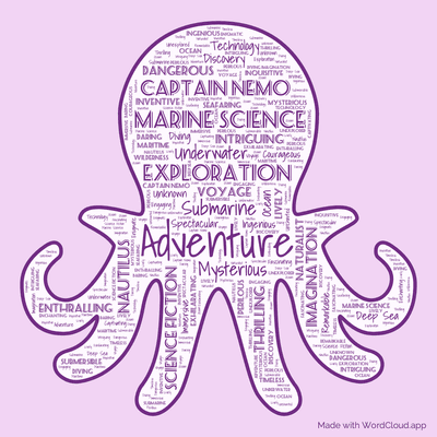 Word cloud of the book Twenty Thousand Leagues under the Sea with 45 words like Adventure, Marine Science and Submarine.