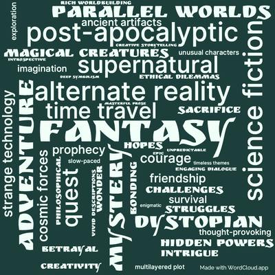 Word cloud of the book Fellowship of the Talisman with 48 words like fantasy, adventure and science fiction.
