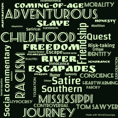 Word cloud of the book Adventures of Huckleberry Finn with 47 words like Adventurous, River and Friendship.