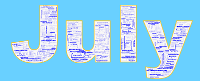 Word cloud in the shape of the word July with 24 words like Bastille Day, Canada Day and U.S. Independence Day.
