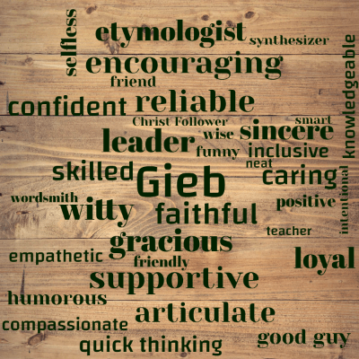 Word cloud with 35 words like Gieb, leader and faithful.