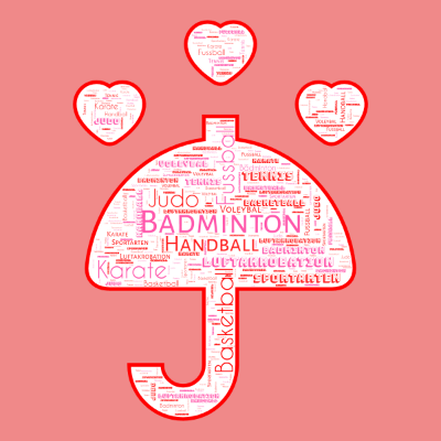 Word cloud in an Umbrella shape with 10 words like Badminton, Basketball and Fussball.