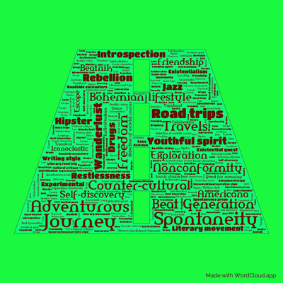 Word cloud of the book On The Road by Jack Kerouac with 49 words like Journey, Spontaneity and Adventurous.