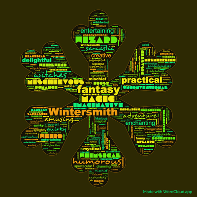 Word cloud of the book Wintersmith by Terry Pratchett with 50 words like Wintersmith, fantasy and humorous.