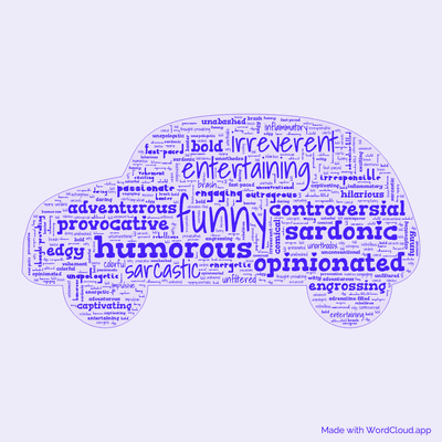 Word cloud of the book Driven to Distraction by Jeremy Clarkson with 39 words like funny, entertaining and humorous.