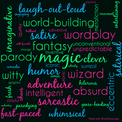 Word cloud of the book The Light Fantastic by Terry Pratchett with 47 words like magic, humor and fantasy.
