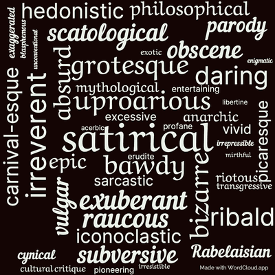 Word cloud of the book Gargantua and Pantagruel by Francois Rabelais with 46 words like satirical, uproarious and bawdy.