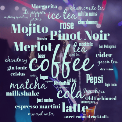 Collaborative word cloud with 44 words like coffee, cola and Pepsi.