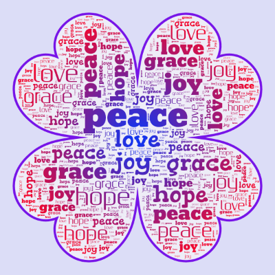 Word cloud in a Clover Leaf shape with 5 words like peace, love and joy.