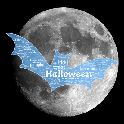 Word cloud in a Bat shape with 31 words like Halloween, October 31st and trick.