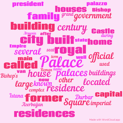 Word cloud with 50 words like Palace, palaces and royal.