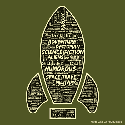 Word cloud of the book Bill, the Galactic Hero on the Planet of Bottled Brains with 41 words like satirical, humorous and science fiction.