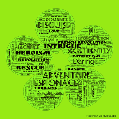 Word cloud of the book The Scarlet Pimpernel by Baroness Emmuska Orczy with 47 words like Adventure, Intrigue and Espionage.