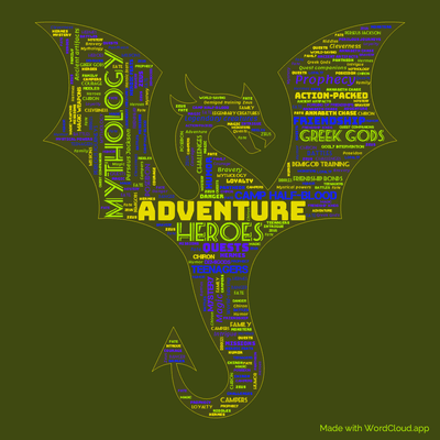 Word cloud of the book Percy Jackson and the Bronze Dragon by Rick Riordan with 47 words like Adventure, Mythology and Heroes.
