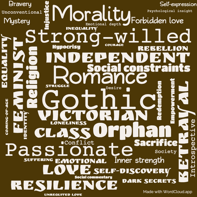 Word cloud of the book Jane Eyre with 46 words like Gothic, Romance and Orphan.