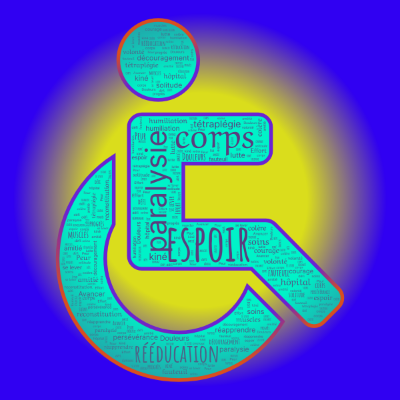 Word cloud in a Human In Wheelchair shape with 28 words like espoir, corps and paralysie.