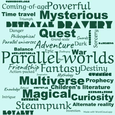 Word cloud of the book The Subtle Knife by Philip Pullman with 48 words like Parallel worlds, Adventure and Fantasy.