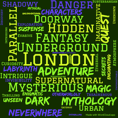 Word cloud of the book Neverwhere with 48 words like London, Underground and Adventure.