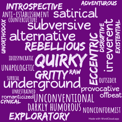 Word cloud of the book Fugitives Refugees with 30 words like quirky, rebellious and underground.
