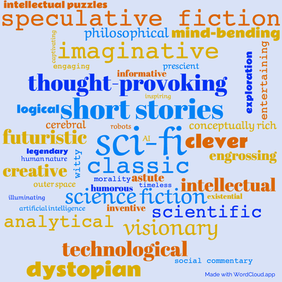Word cloud of the book Earth Is Room Enough with 45 words like sci-fi, short stories and speculative fiction.